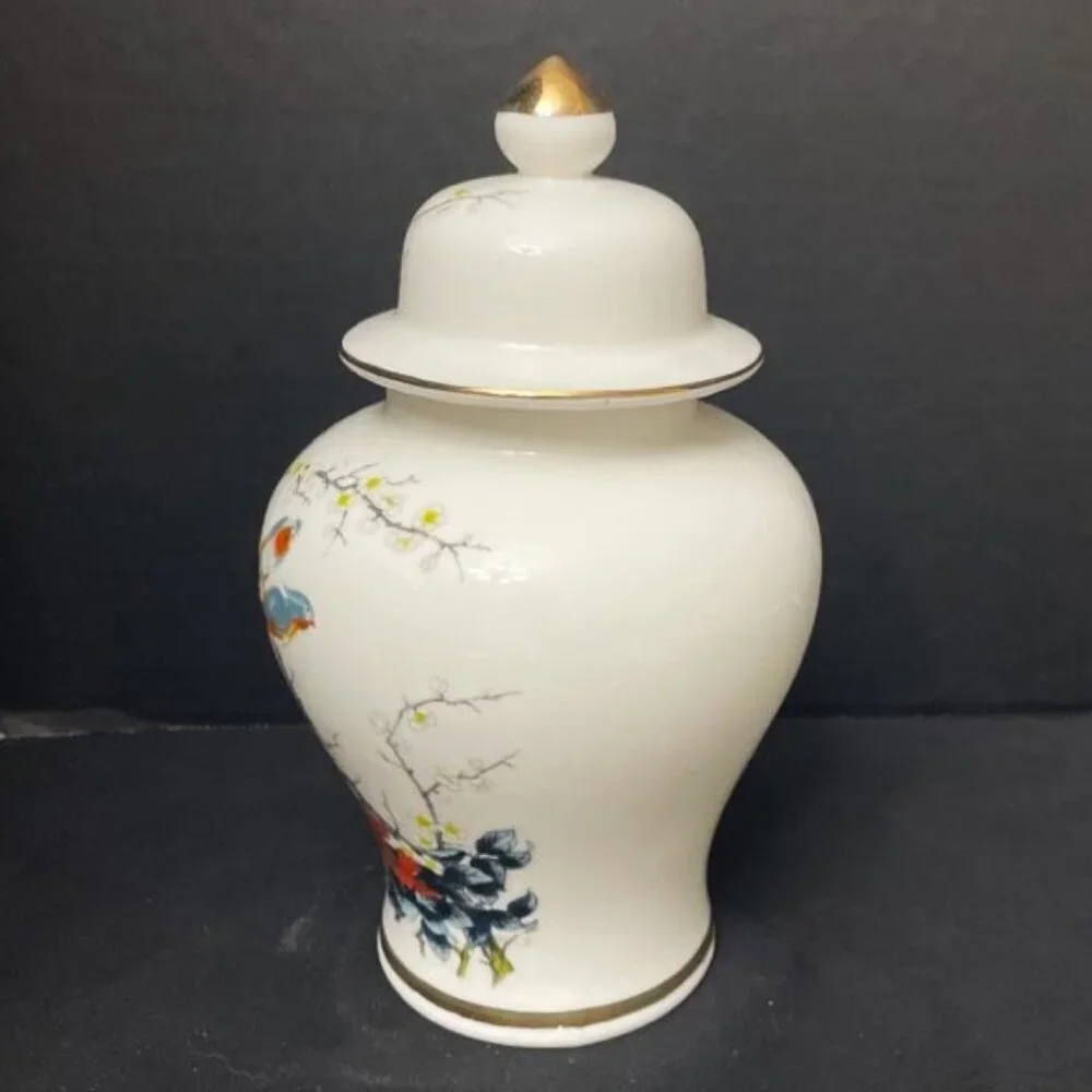 Vtg Jay Fine China Ginger Jar Parrots Birds Cherry Blossoms Japan 8